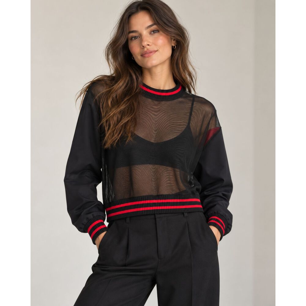 Jonathan Simkhai Black Sheer Mesh Sweatshirt Red Stripe Trim Size L